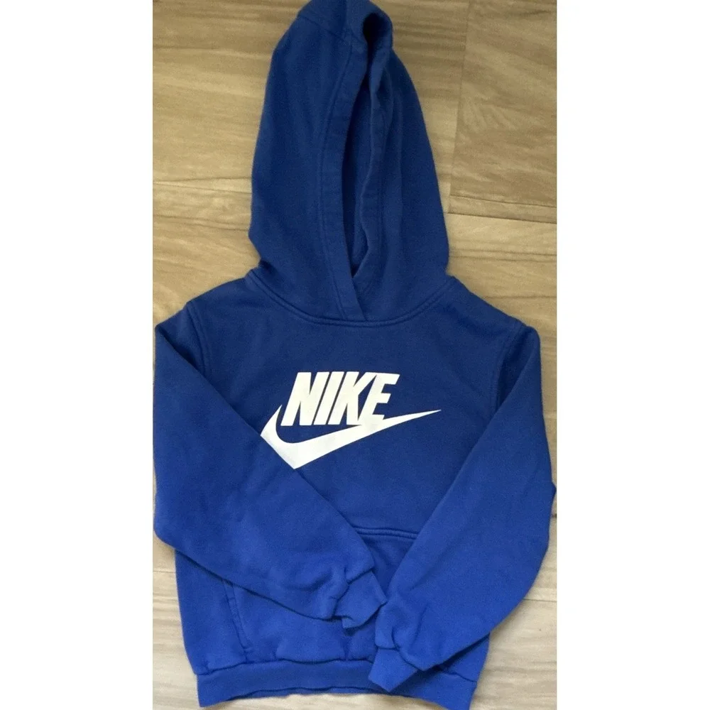 Nike Blue Pullover Hoodie Unisex Kids M White Logo Hooded Pockets